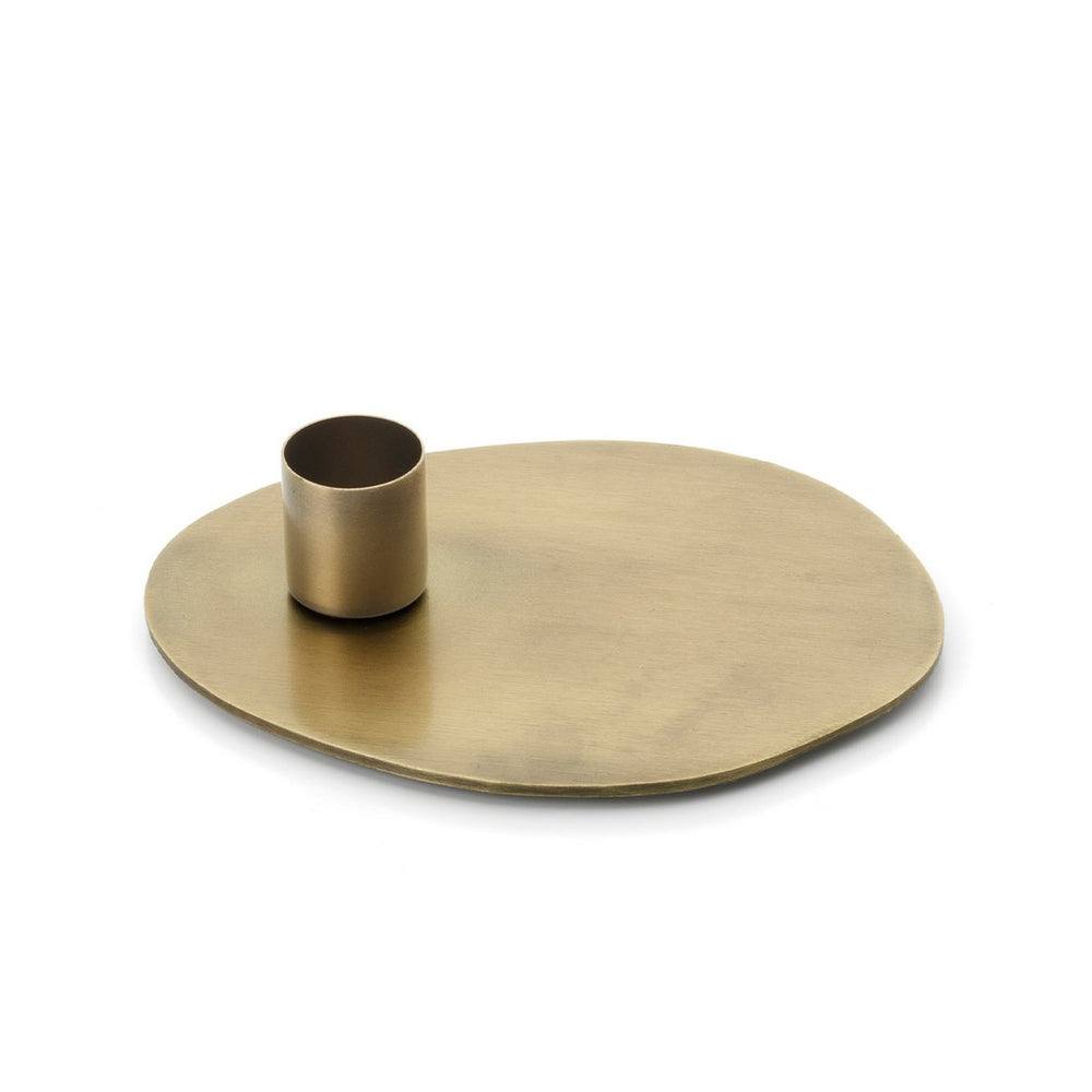 Gold circular tray with a smaller gold cup on a white background