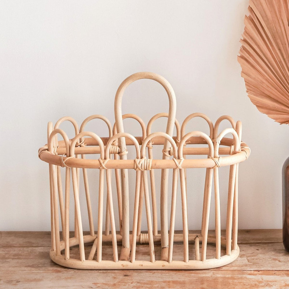 Beige rattan newspaper basket with two compartments