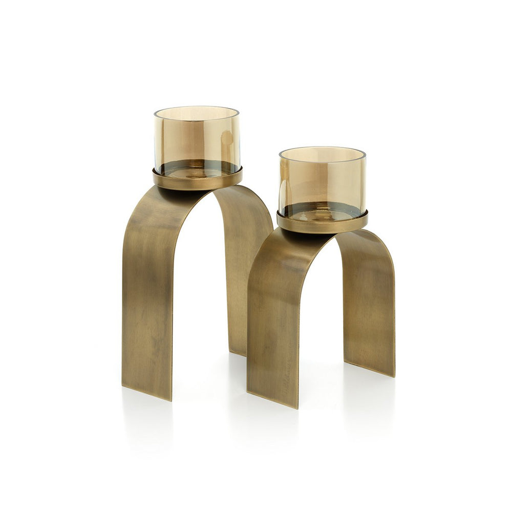 Bronze candle holder with two glass candle holders on a white background