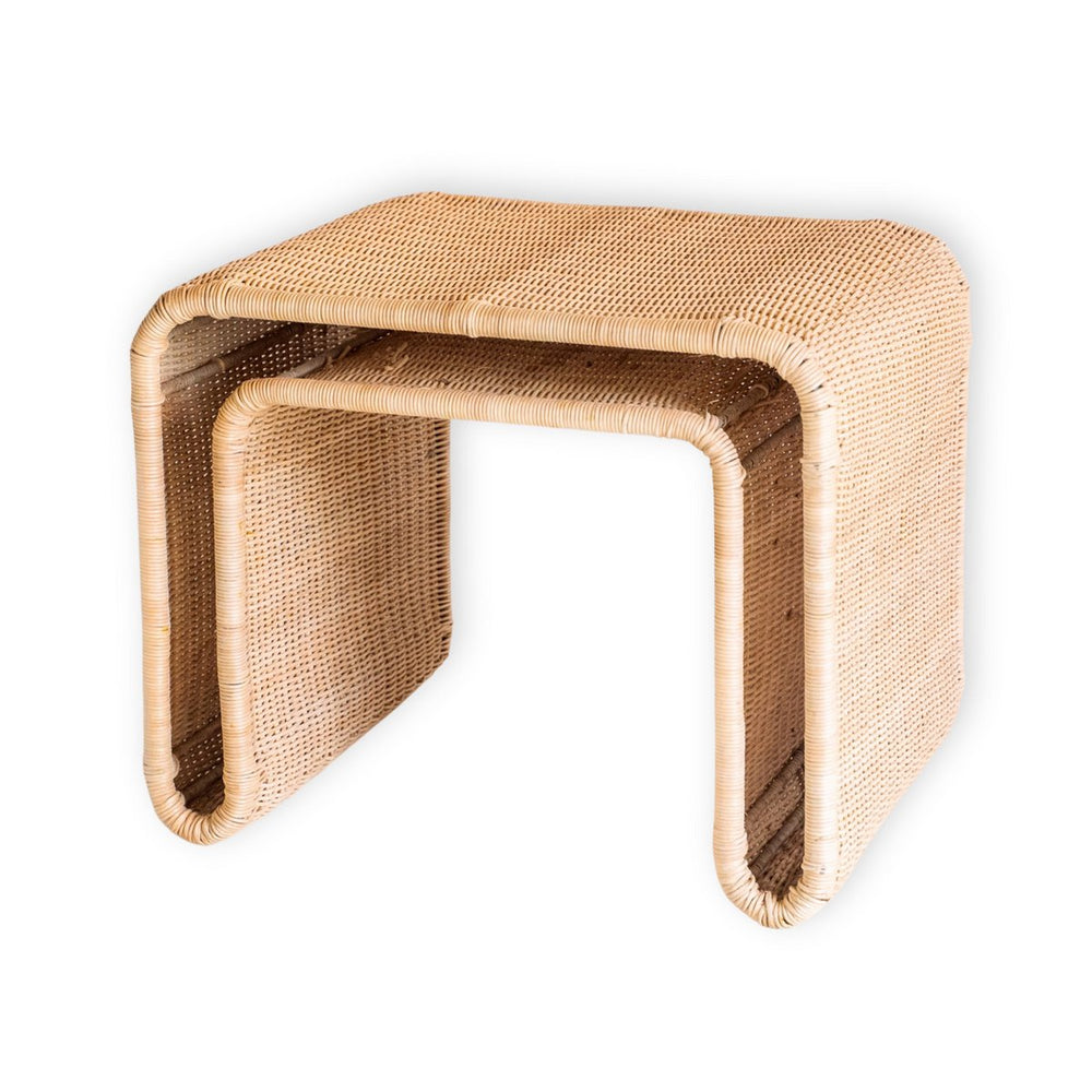 Beige rattan side table with metal frame