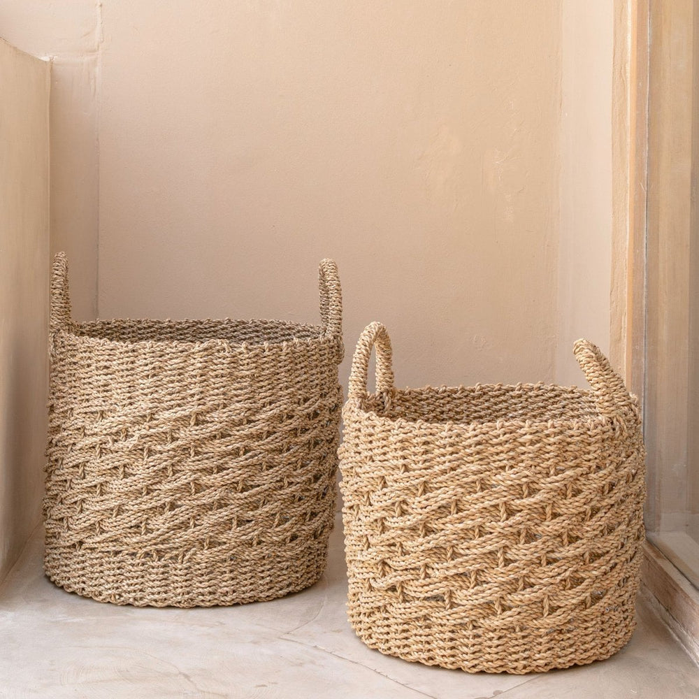 Beige woven seagrass storage basket