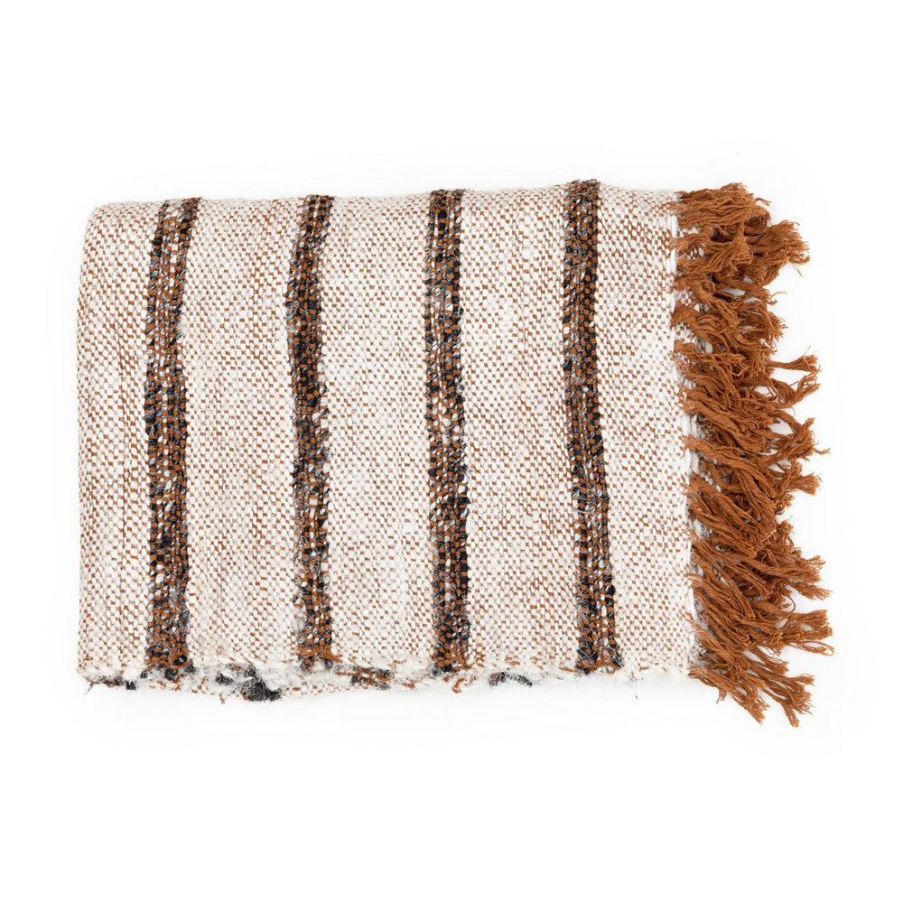 White fringed cotton throw with charcoal stripes and terracotta tassels
