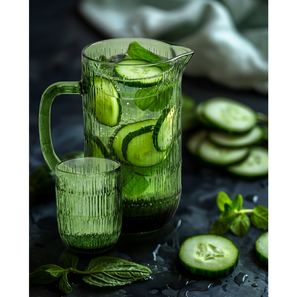 A green ribbed glass pitcher and matching tumbler filled with cucumber slices and mint leaves, set on a dark surface with cucumber slices and mint leaves around it.