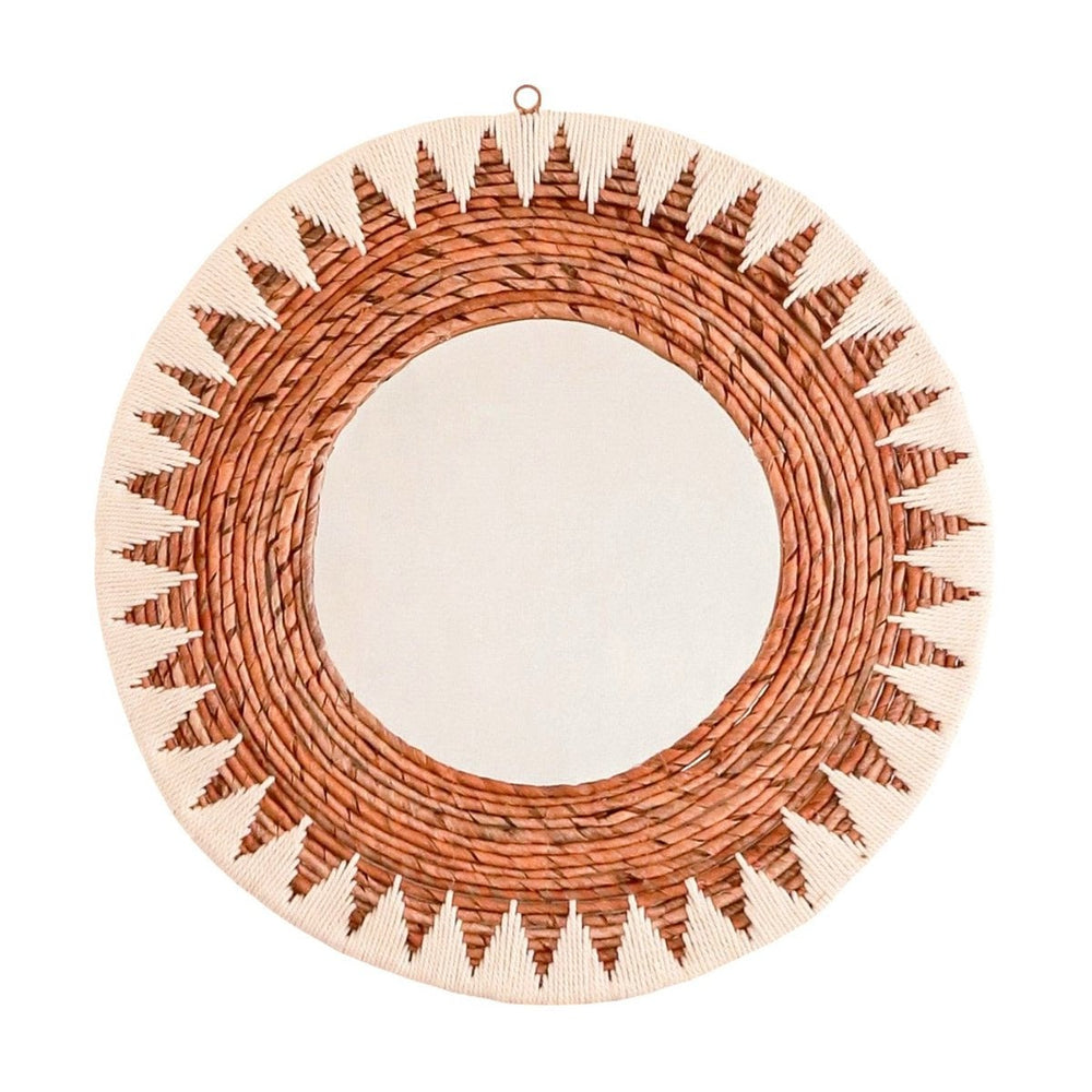 Round woven banana fibre wall mirror with white cotton pattern
