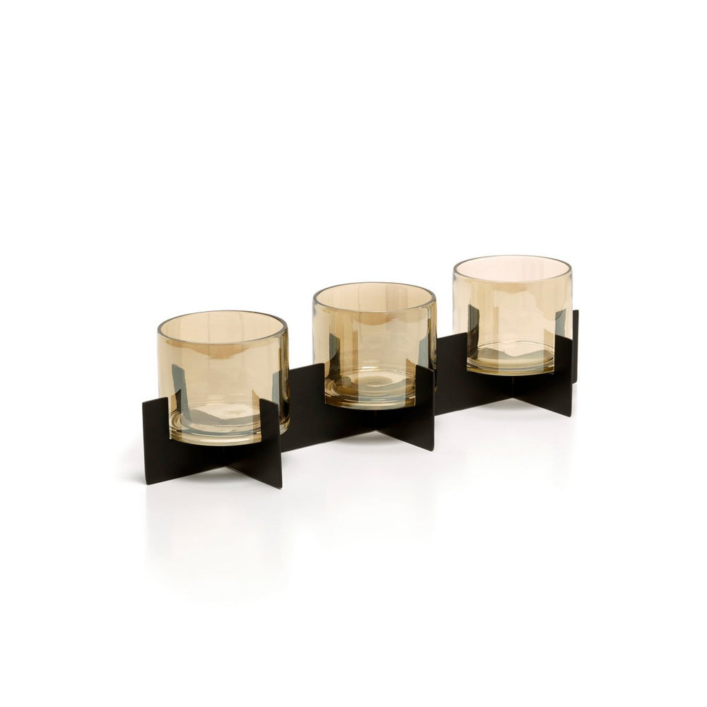 Black brass and glass triple candle holder
