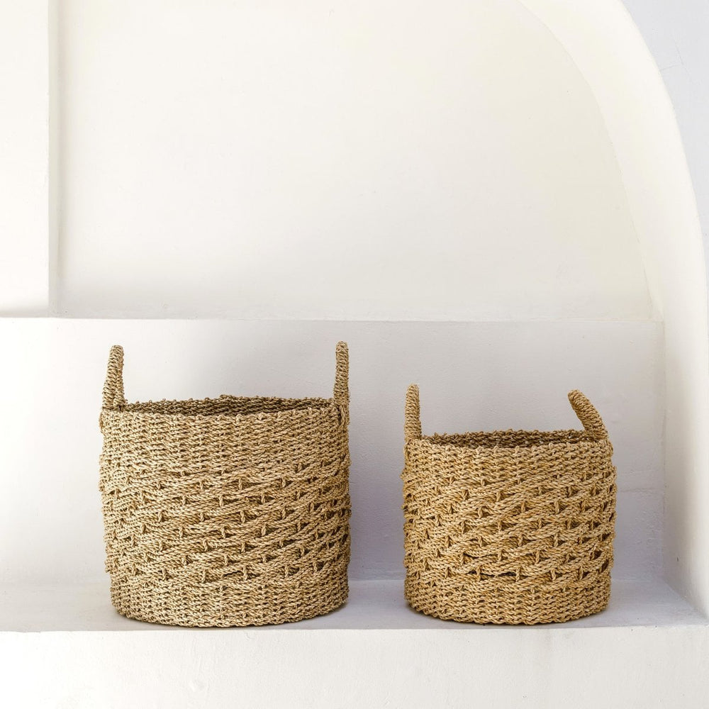 Beige woven seagrass storage basket