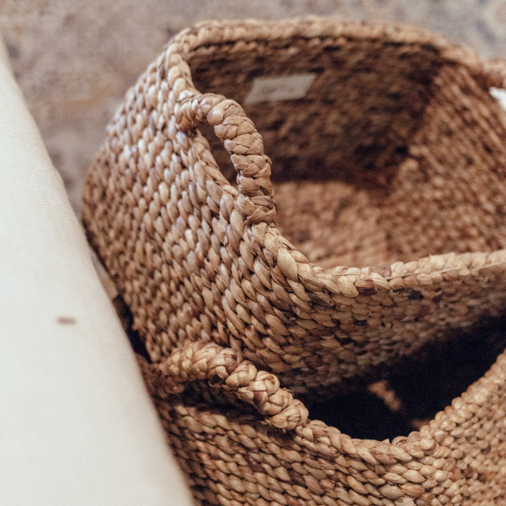Woven basket on a wooden surface