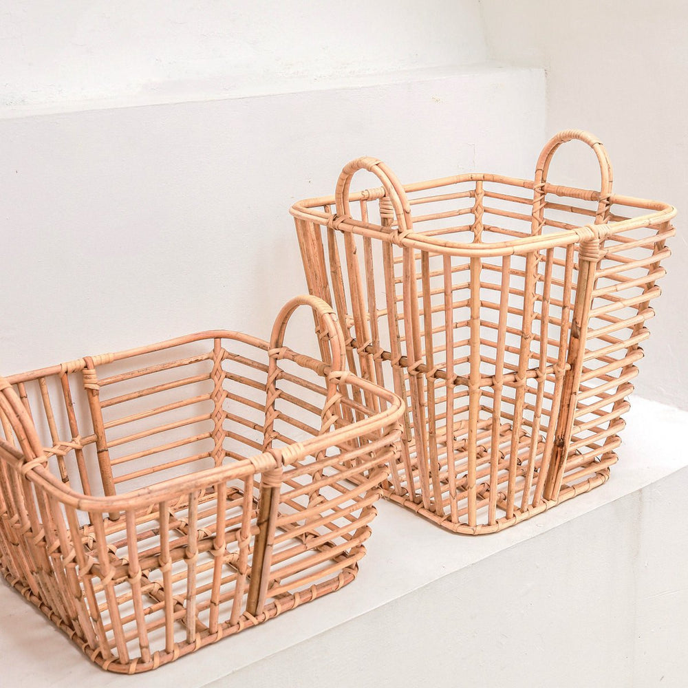 Beige woven rattan storage basket