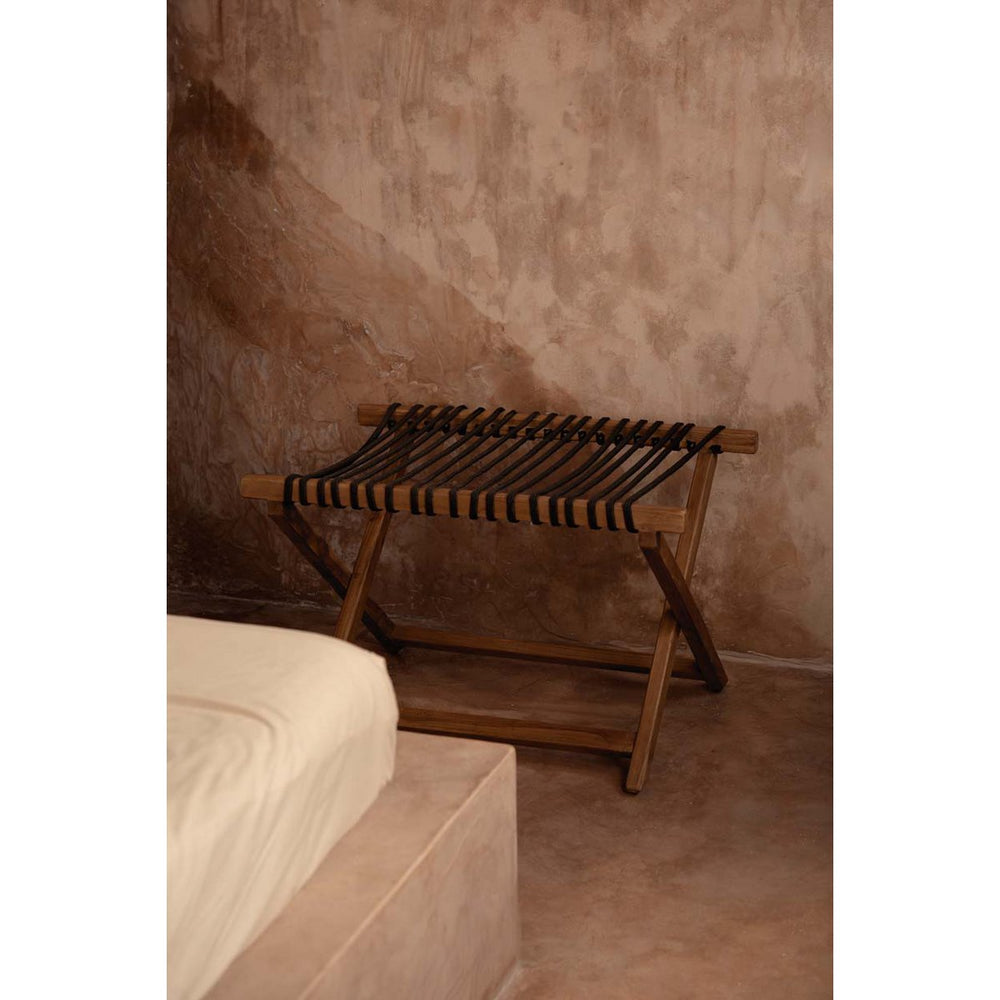 Natural wood foldable luggage rack with woven cord detailing