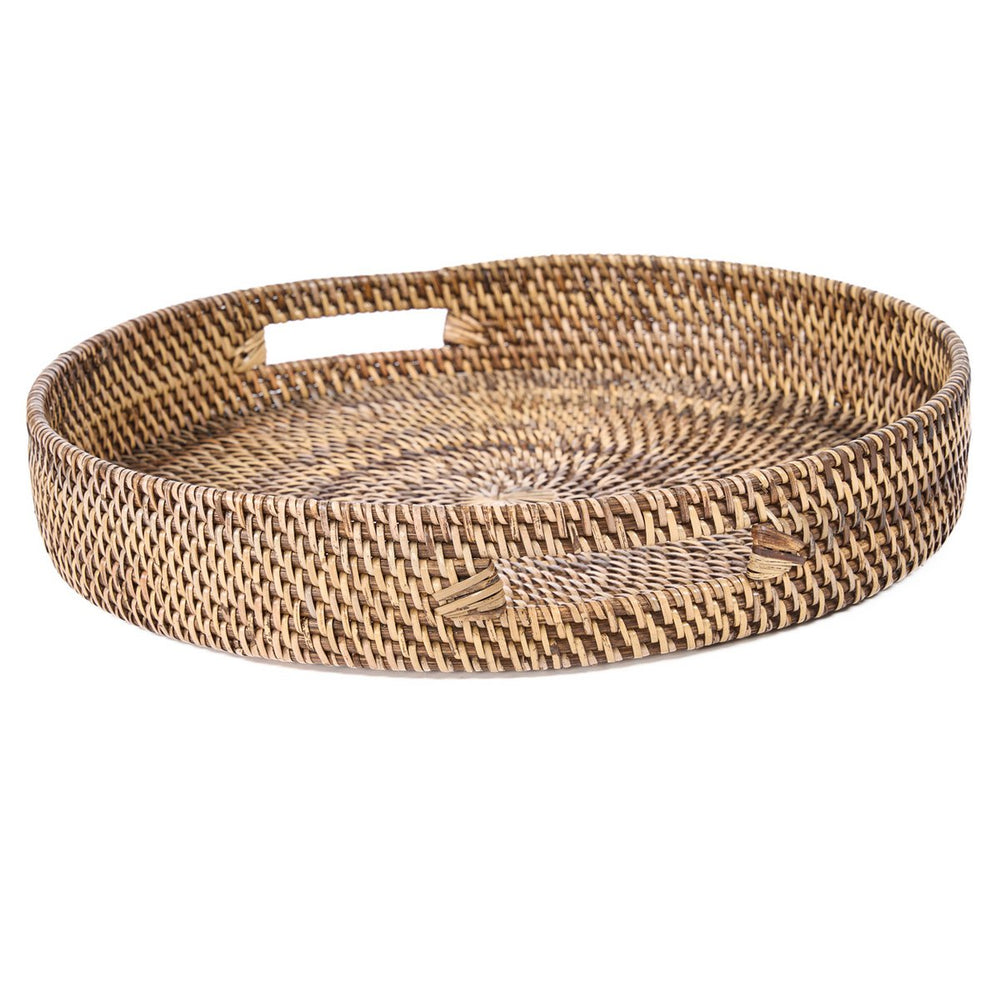 Natural brown woven rattan serving tray with cut-out handles
