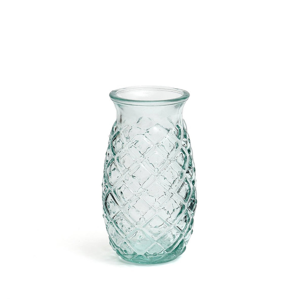Clear glass vase with textured pattern on a white background