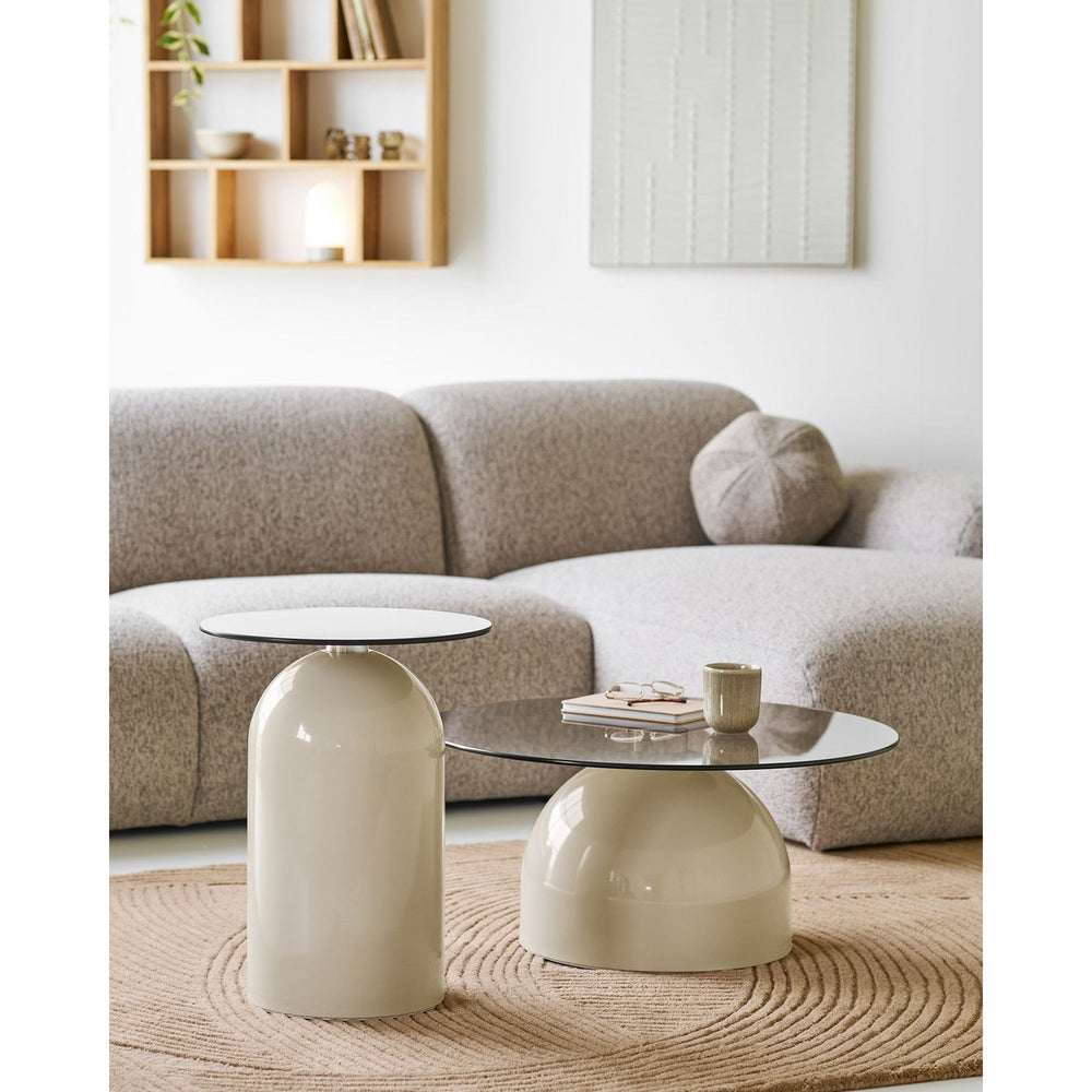 Grey and beige round side table with tempered glass top and metal frame