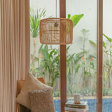 Beige rattan pendant lampshade with metal frame