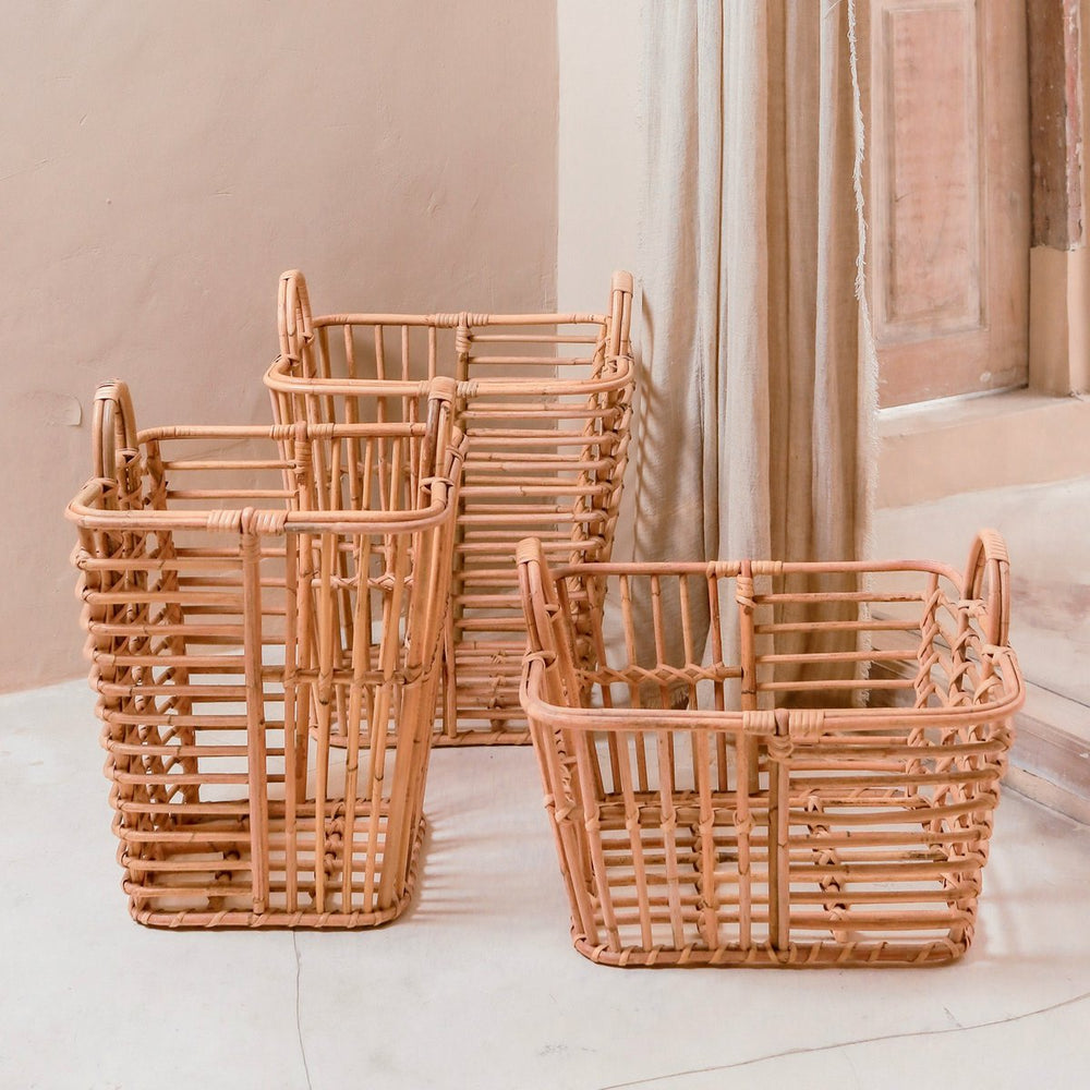 Beige woven rattan storage basket