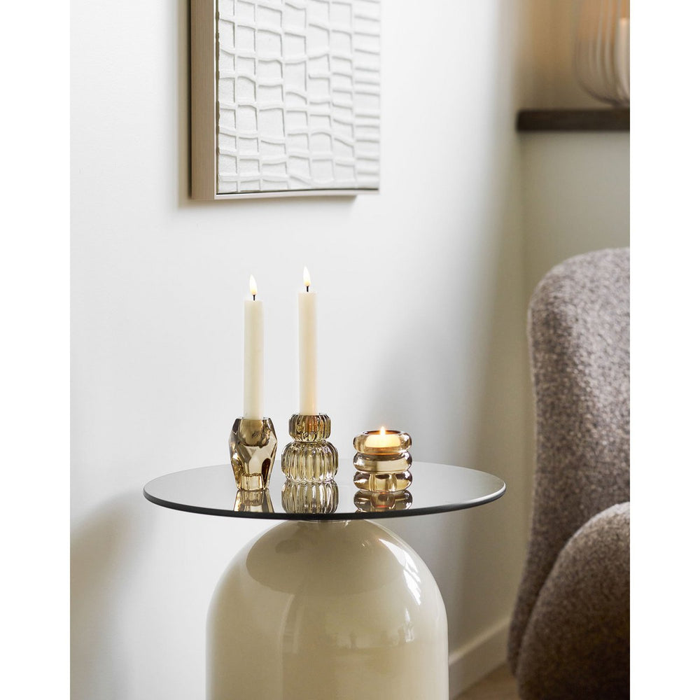 Grey and beige round side table with tempered glass top and metal frame