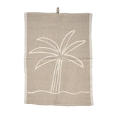 Natural white linen kitchen towel with palm tree print