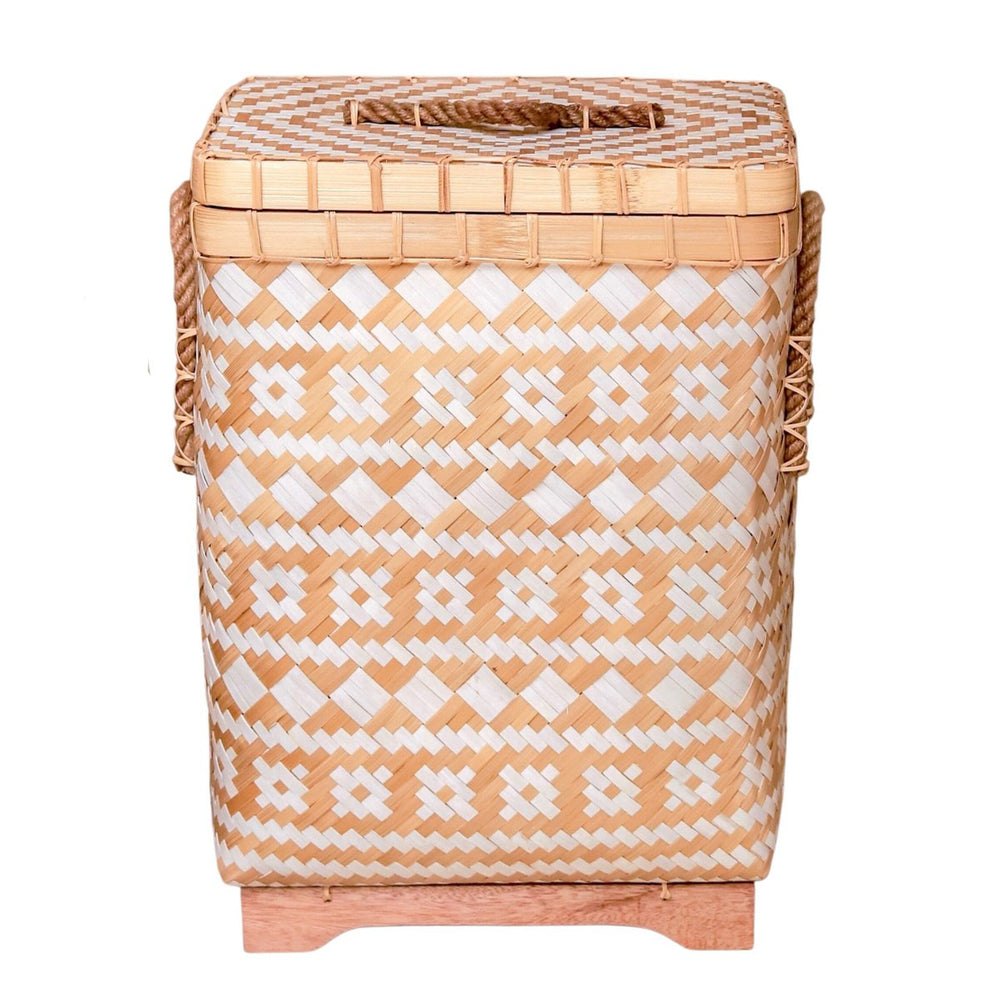 Beige white handwoven bamboo laundry basket with lid