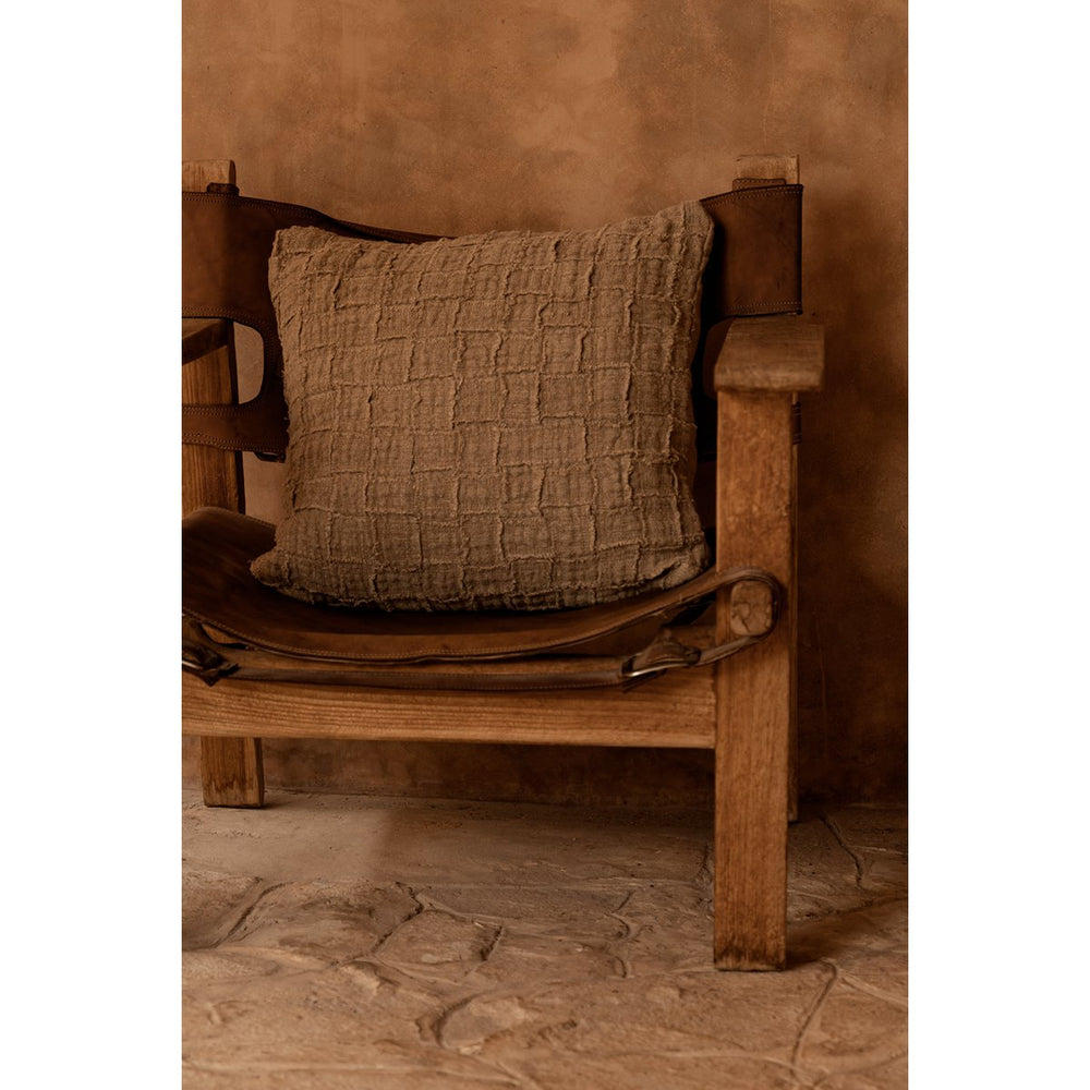 Natural woven linen cushion cover with damier pattern