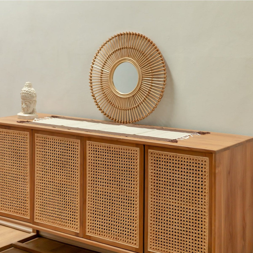 Beige rattan round wall mirror