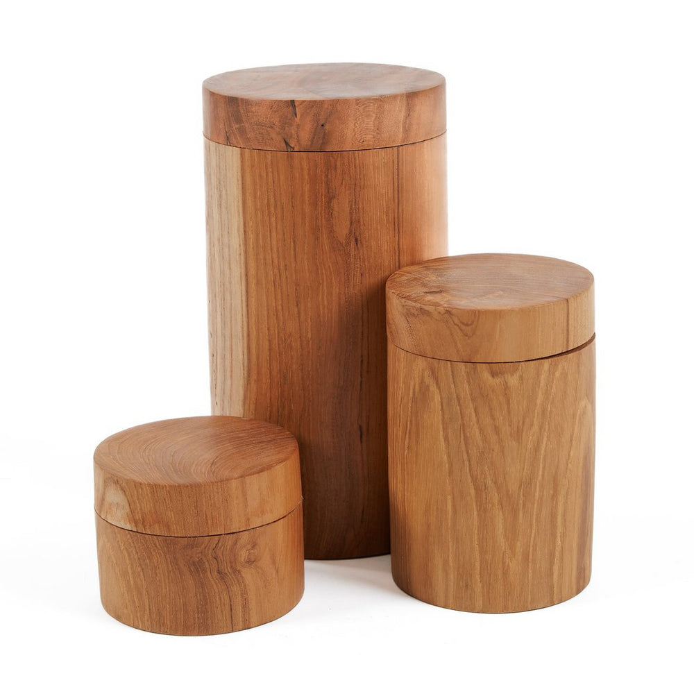 Brown hand-carved teak wood storage jar with lid