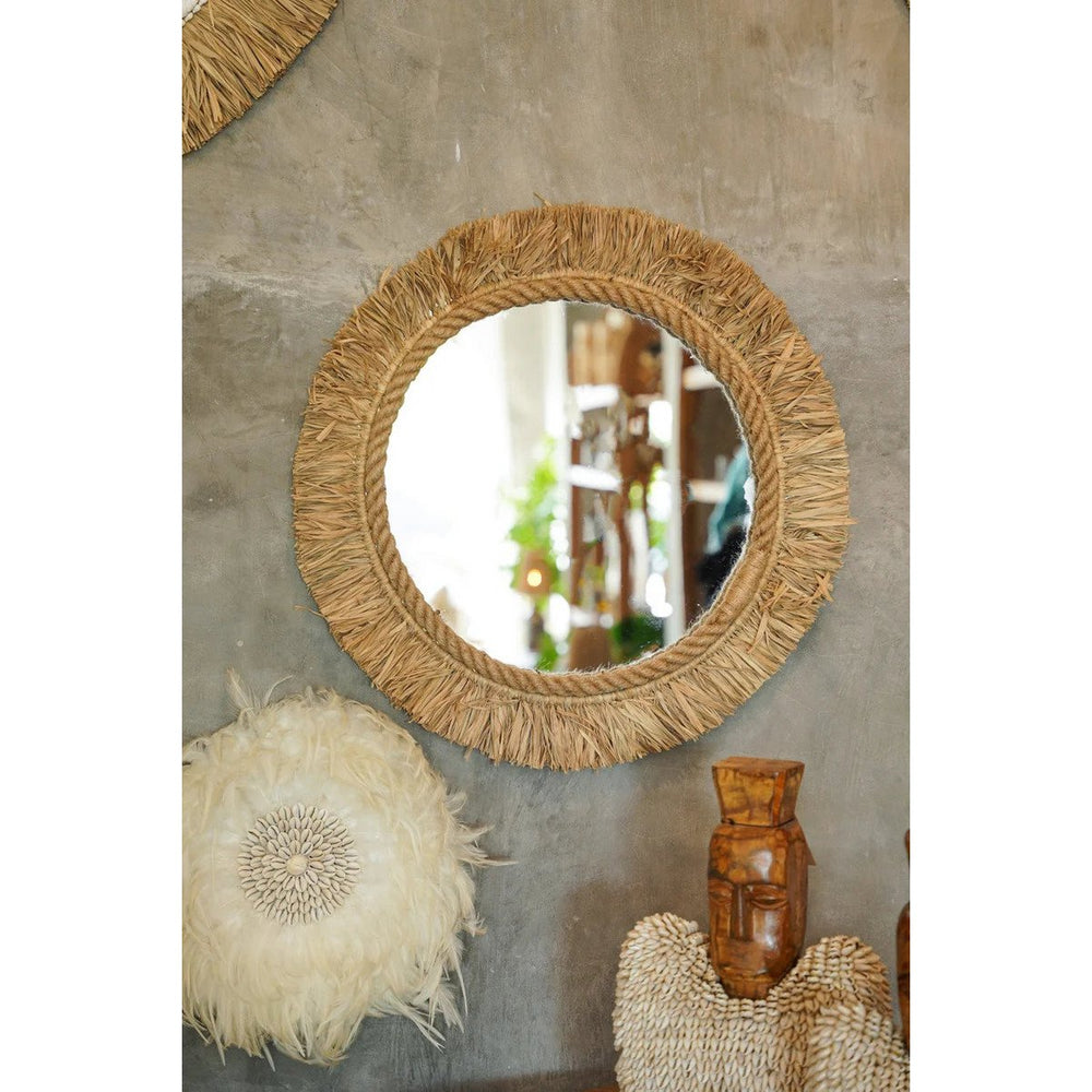 Natural raffia round wall mirror with fringed frame