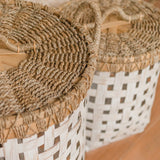 White woven bamboo laundry basket with seagrass lid