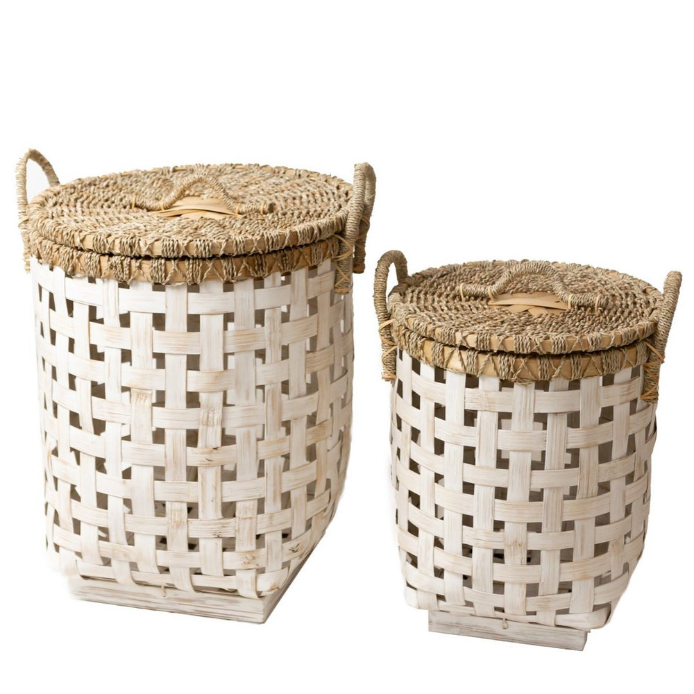 White woven bamboo laundry basket with seagrass lid