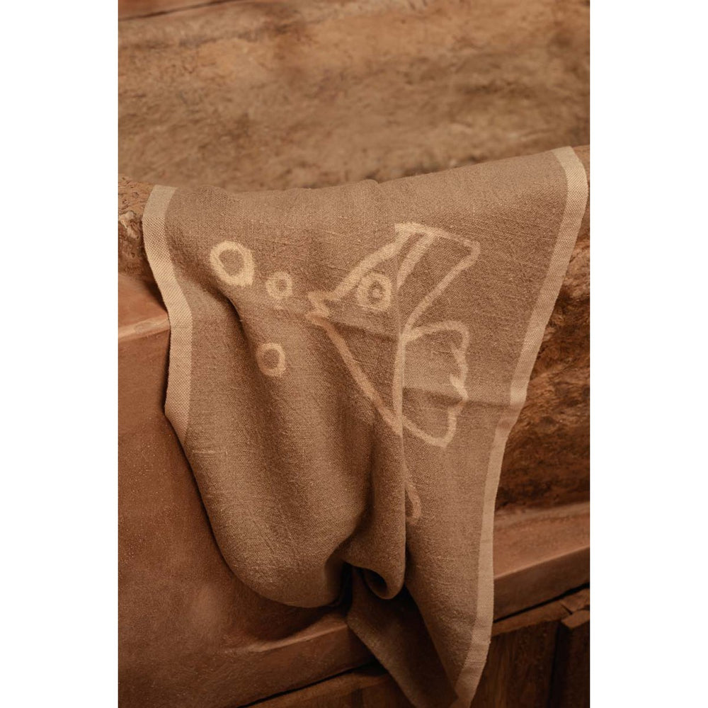 Natural white linen kitchen towel with fish motif