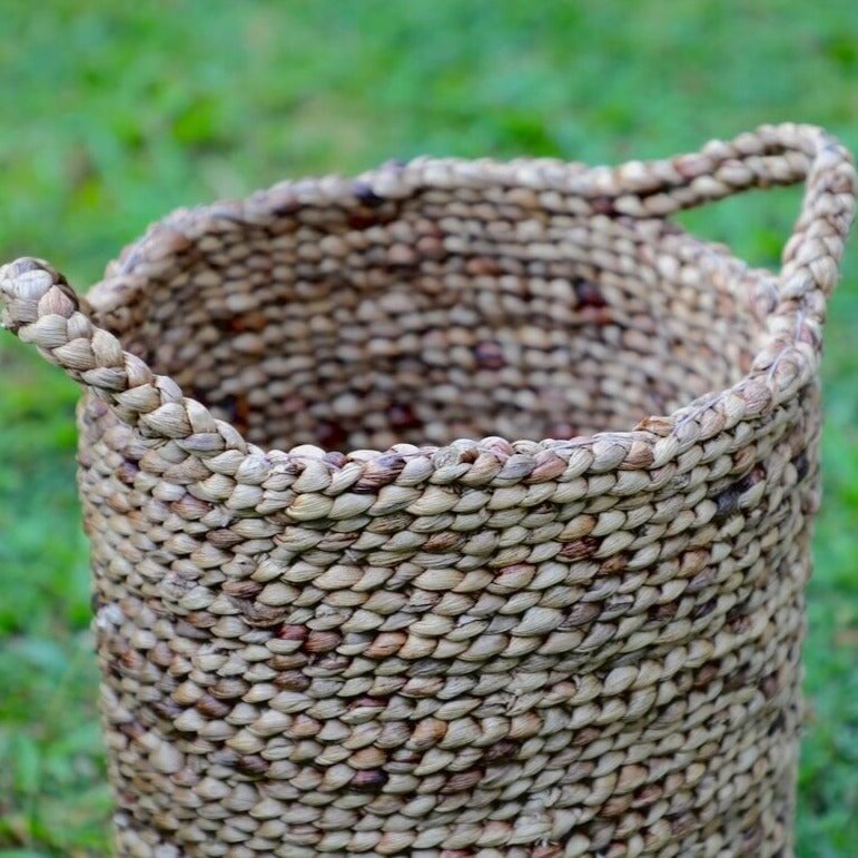 Brown woven water hyacinth basket with handles