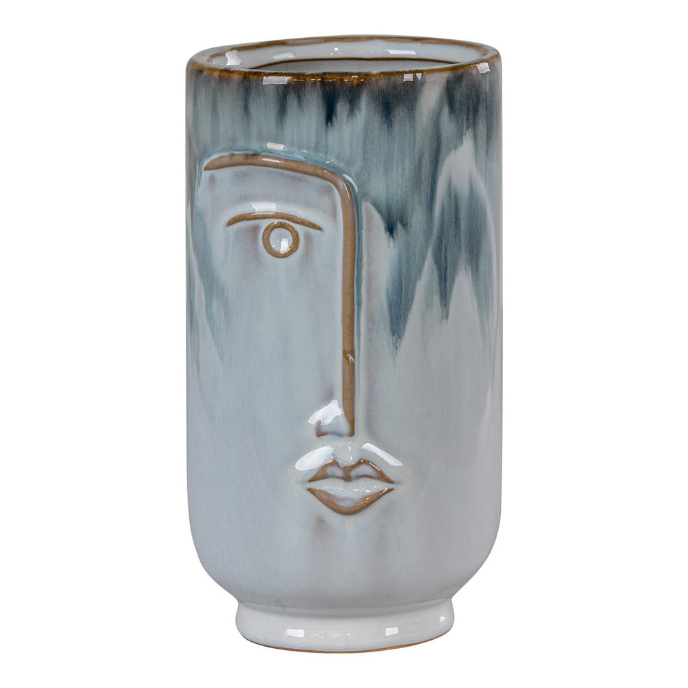 Blue porcelain vase with hand-painted face design