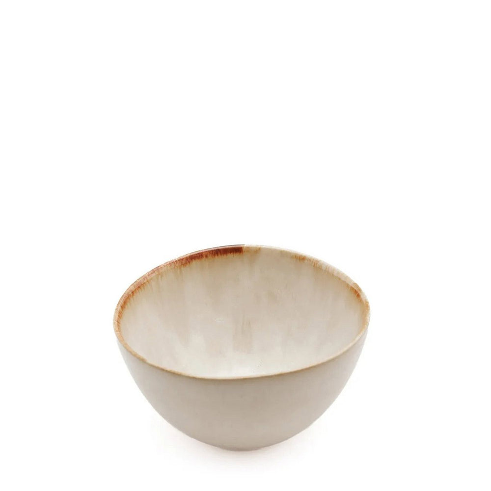 White stoneware sauce bowl with amber rim