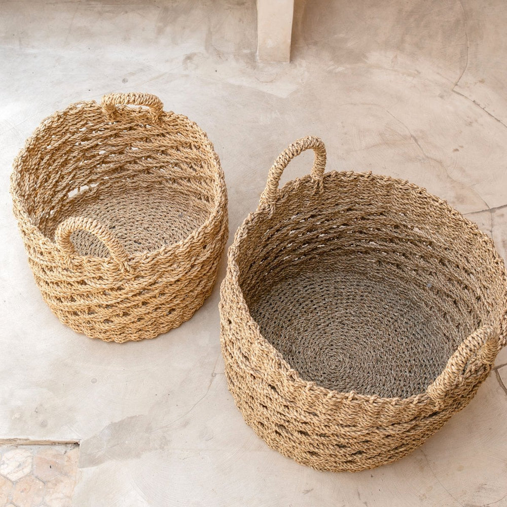 Beige woven seagrass storage basket