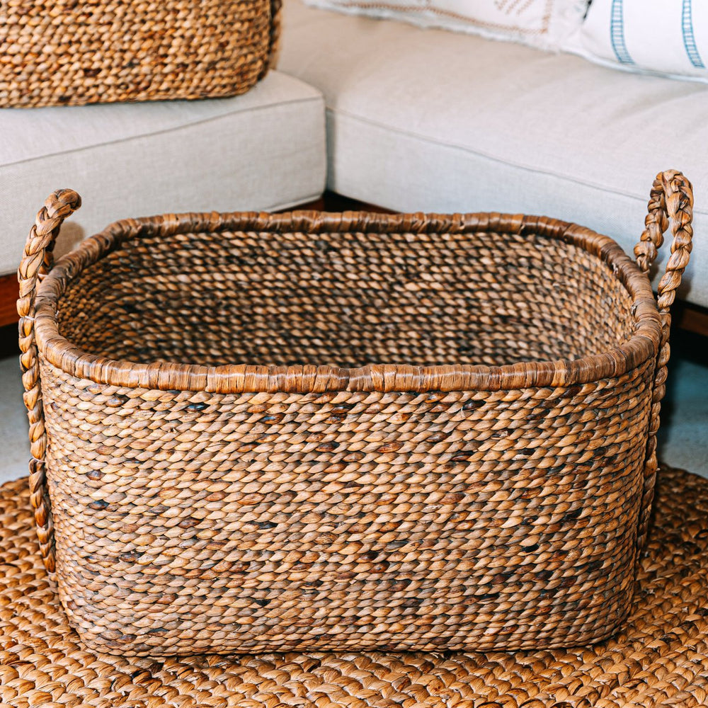 Beige woven water hyacinth laundry basket