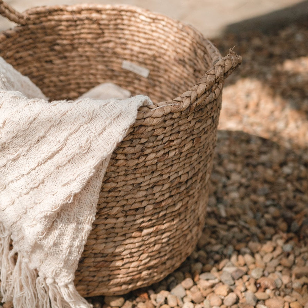 Brown woven water hyacinth basket with handles