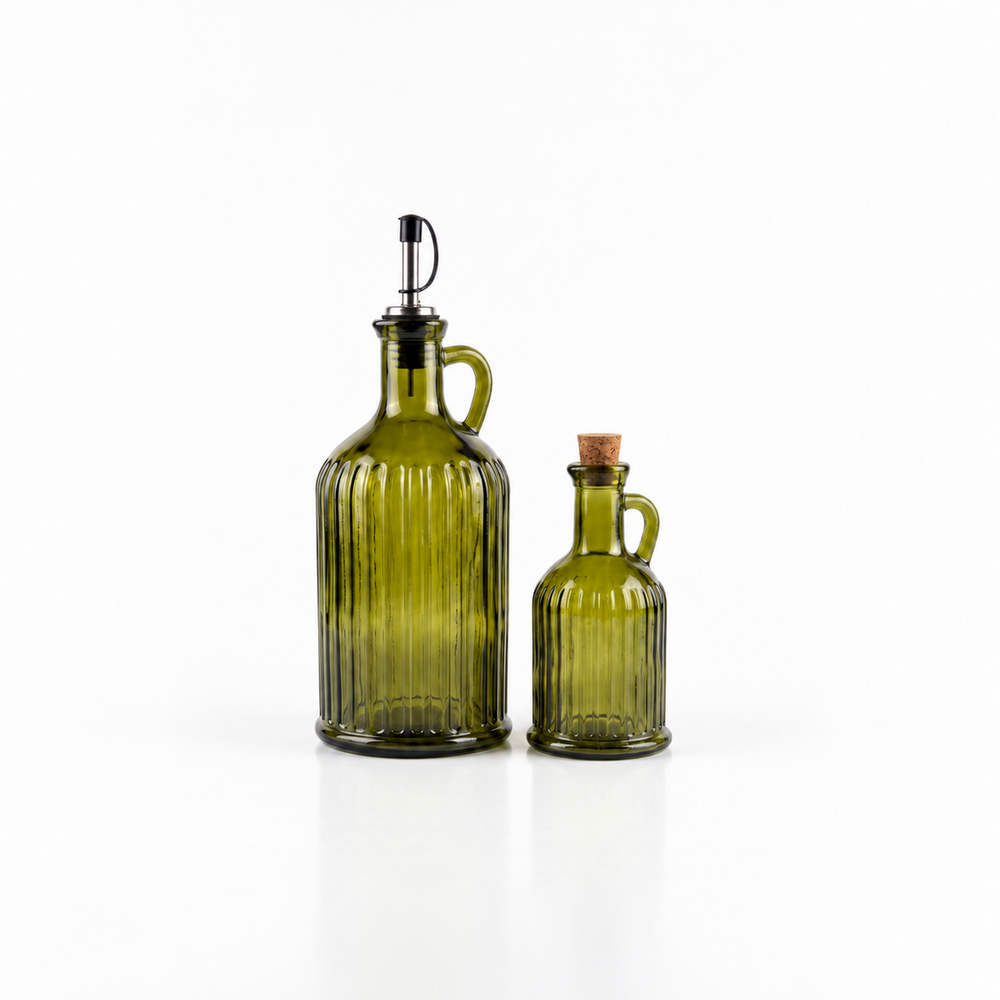 Green ribbed recycled glass olive oil bottle with handle