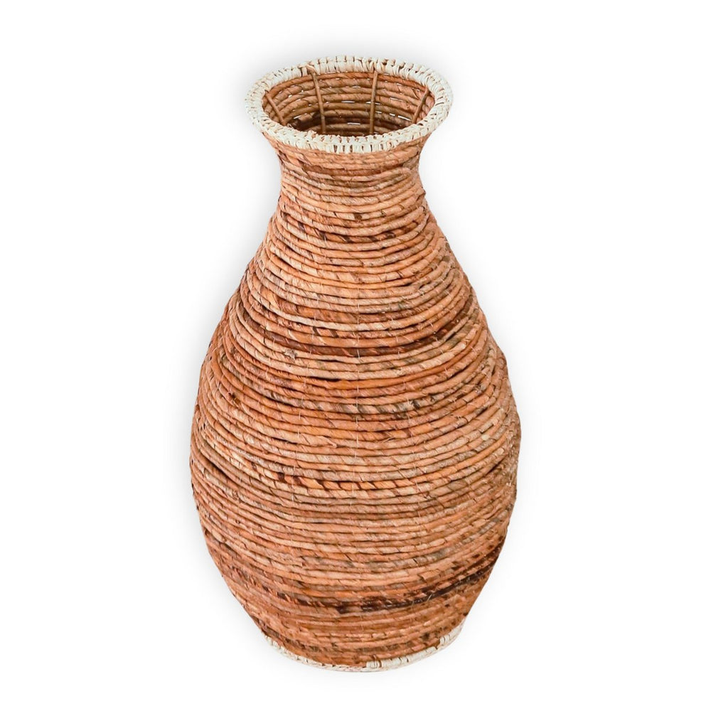 Beige and brown handwoven banana fiber vase with raffia accents