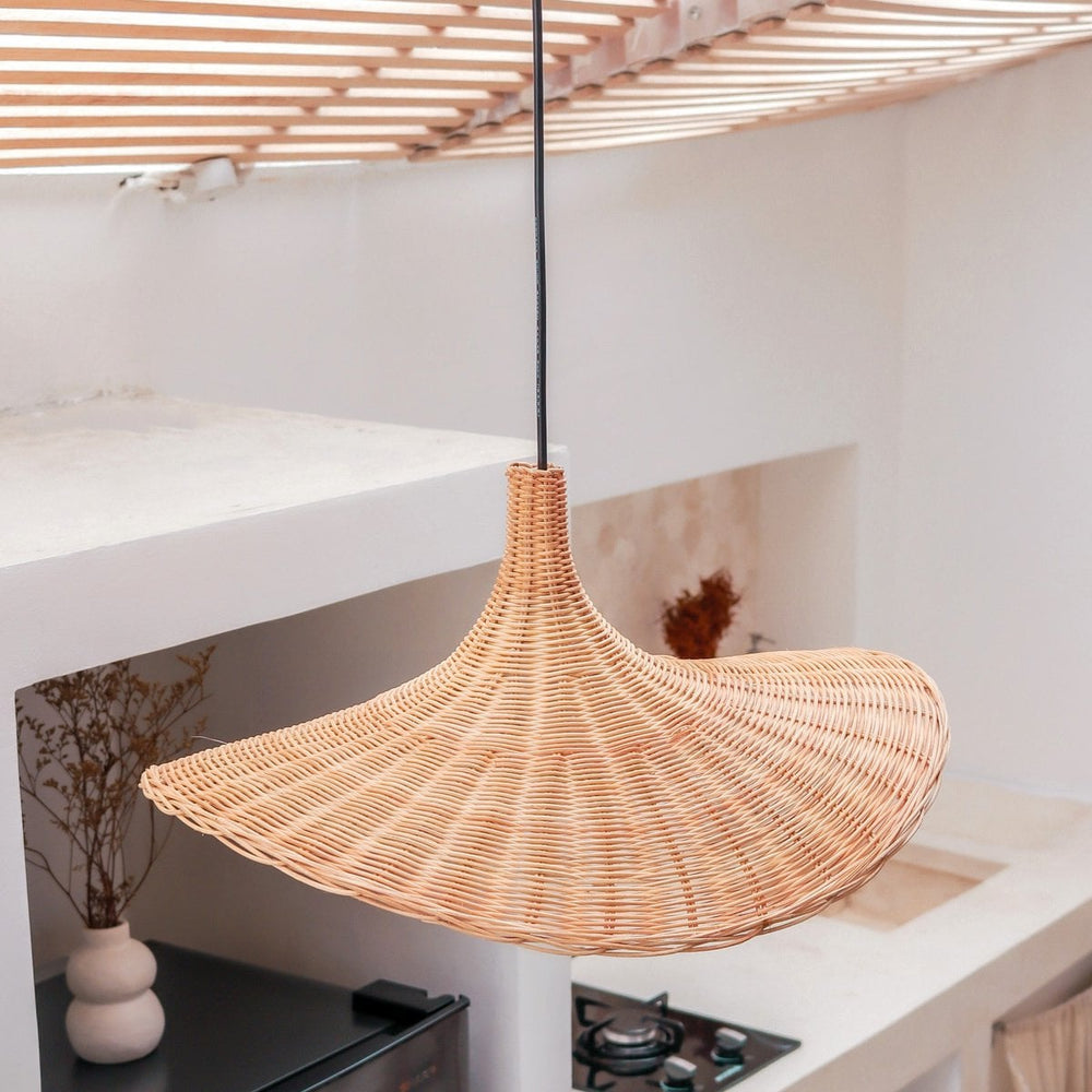 Beige woven rattan funnel-shaped pendant lampshade