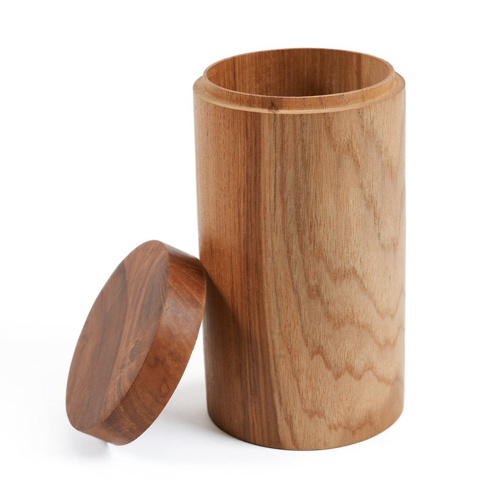 Brown hand-carved teak wood storage jar with lid