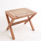 Beige wooden stool with woven recycled paper seat