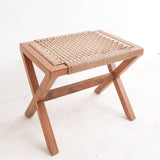 Beige wooden stool with woven recycled paper seat
