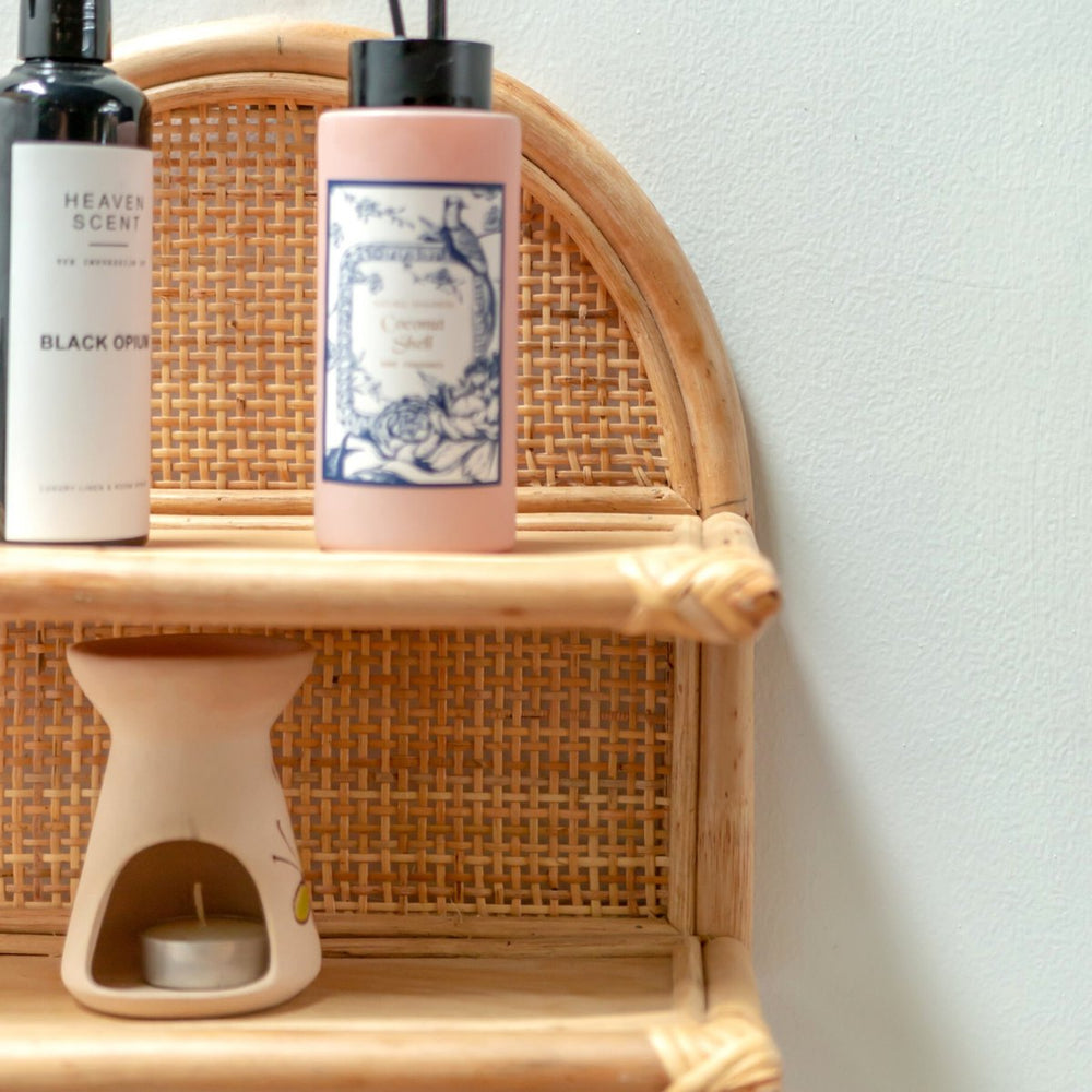 Beige rattan hanging wall shelf
