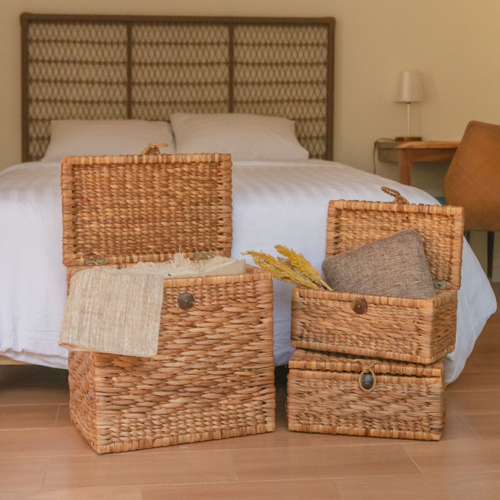 Brown water hyacinth trunk basket with hinged lid