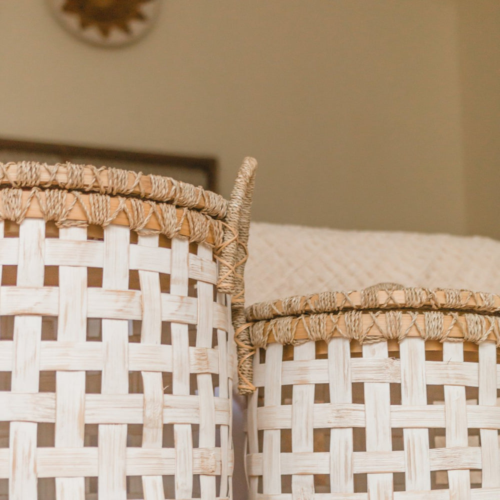 White woven bamboo laundry basket with seagrass lid
