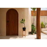 Black terracotta planter on teak branch stand