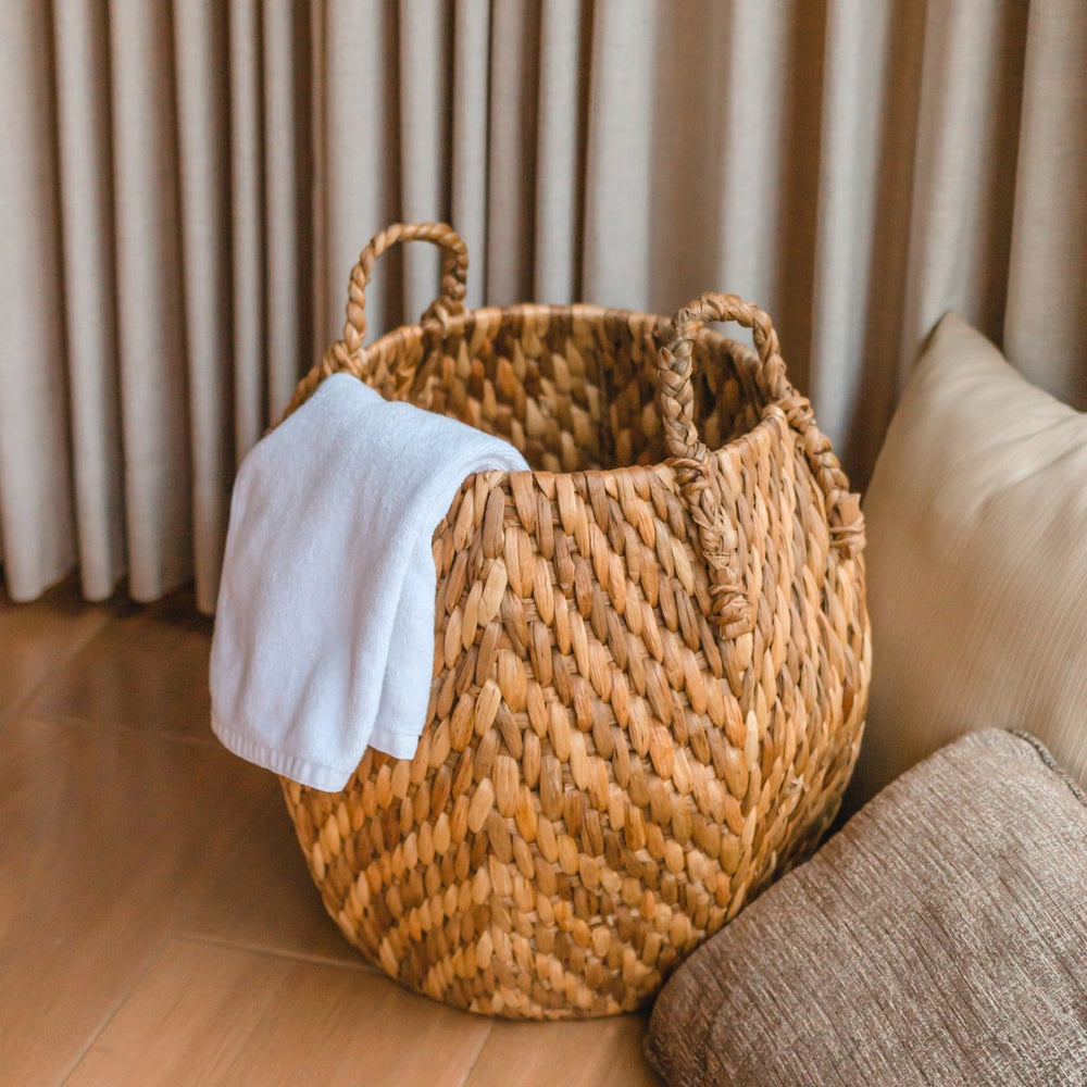 Beige and brown woven water hyacinth basket with zig zag pattern