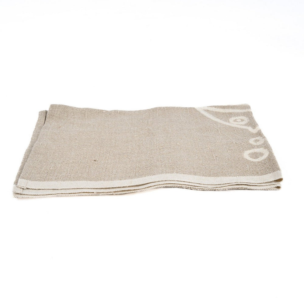 Natural white linen kitchen towel with fish motif