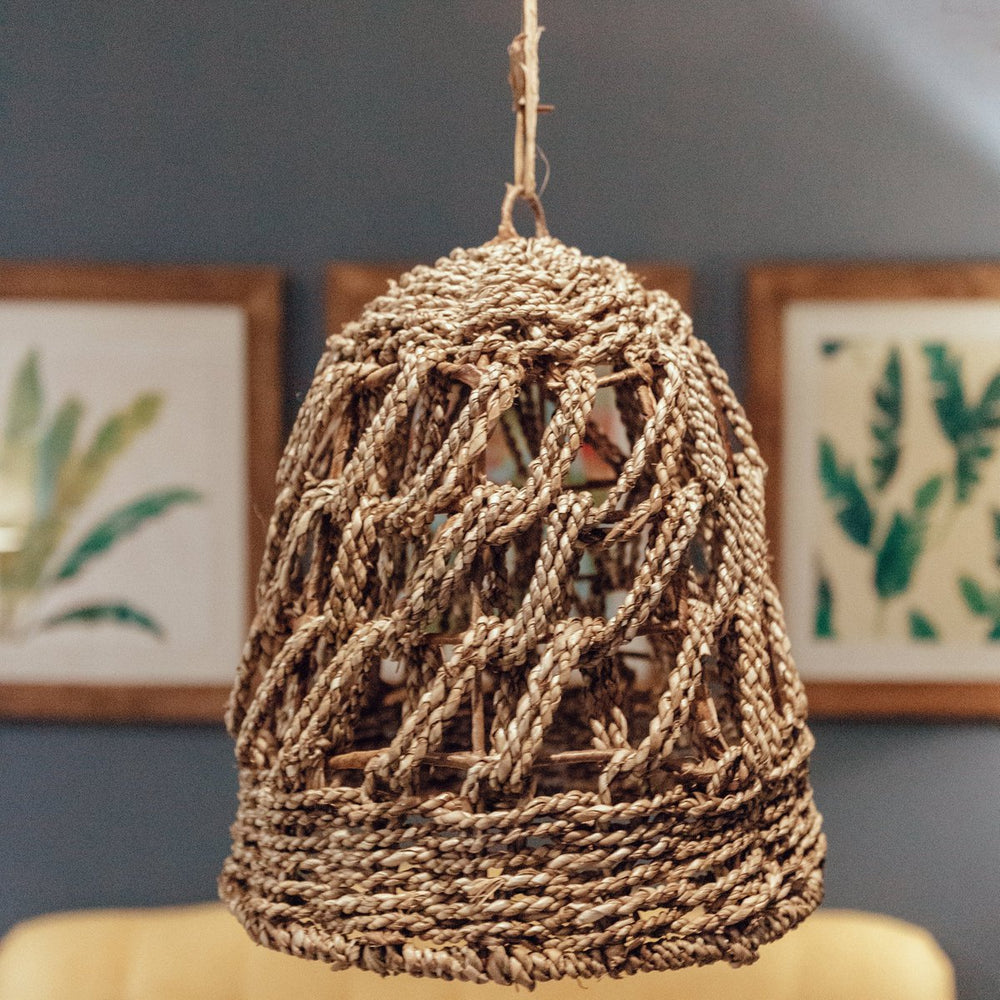 Beige seagrass woven lampshade with metal frame