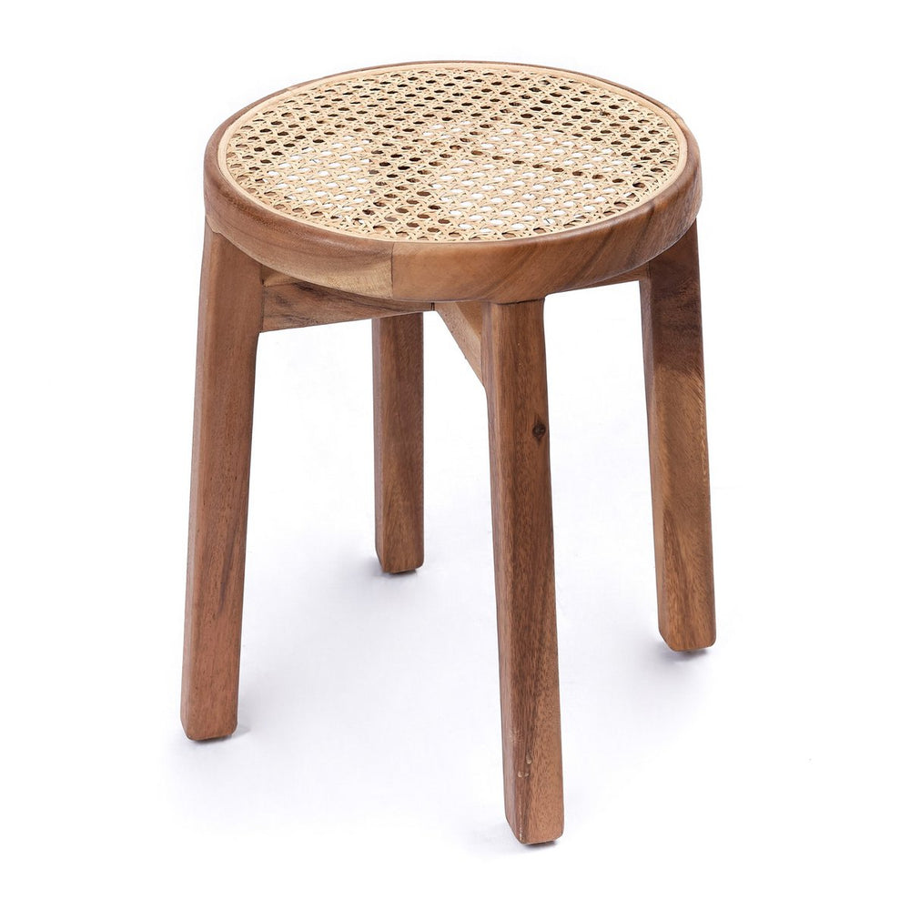 Brown wooden stool with woven rattan seat