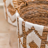Brown banana fibre basket with white cotton macrame pattern