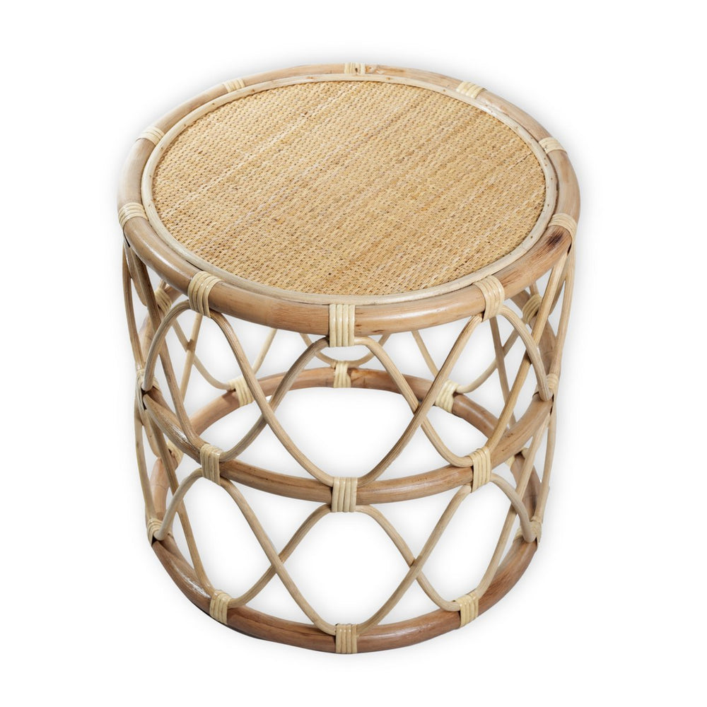 Beige round rattan side table